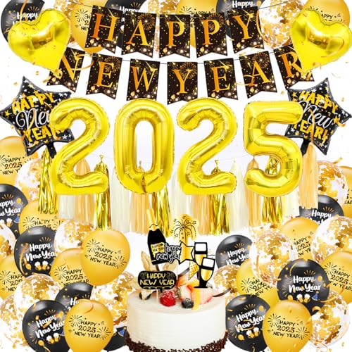 Silvester Dekorationen Happy New Year Dekorationen 2025 Happy New Year Ballon Set Gold Silvester Party Dekorationen Riesen 2025 Folienballon für Silvester Party Dekoration Supplies von Feiyayi