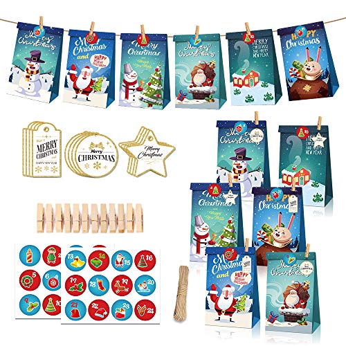 Feliciay 24 Stück Adventskalender zum Selber Befüllen,Geschenktüten Weihnachten Papiertüten mit Aufkleber,Kraftpapiertüten Geschenkbeutel für Adventskalender,Geschenktüten Weihnachten für DIY (Blau) von Feliciay