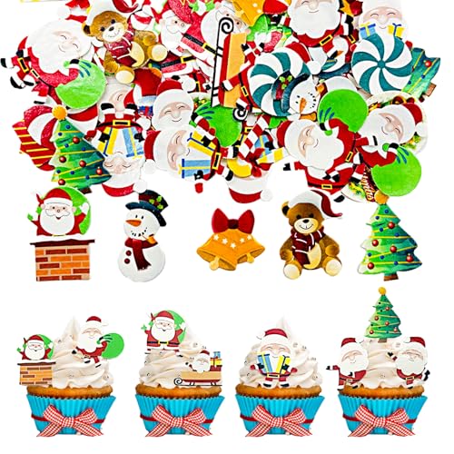 Feliciay 60 Stück Essbare Weihnachten Tortendeko,Esspapier Tortendeko Weihnachten,Weihnachten Cupcake Topper,Essbare Weihnachten für Torte,Deko Torte für Weihnachten Cupcakes,Kuchen,Muffins,Party Deko von Feliciay