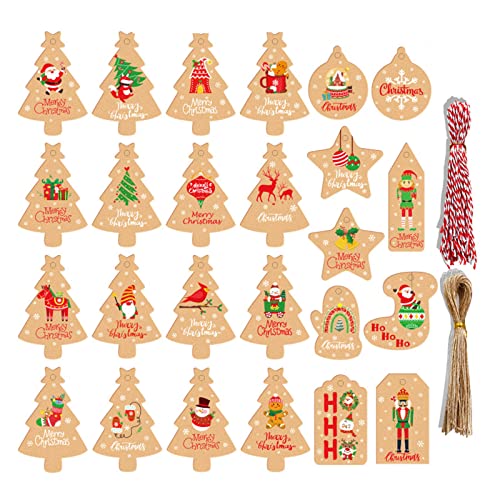 Feliciay Geschenkanhänger Weihnachten, 100 Stück Weihnachten Kraftpapier Tags, Mit 50pcs Juteseil und 50pcs Rotem Baumwollseil Schneeflocke Elch für Weihnachts Label Paket Name Karte,Weihnachtsbaum von Feliciay