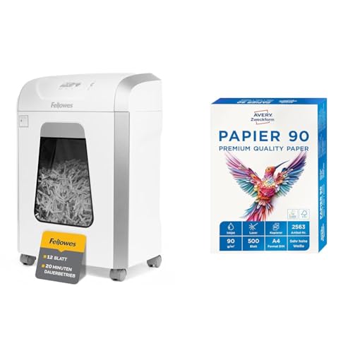 Fellowes Aktenvernichter, Papierschredder für 12 Blatt Partikelschnitt & Avery Zweckform 2563 Drucker-/Kopierpapier (500 Blatt, 90 g/m², DIN A4 Papier, hochweiß, für alle Drucker) 1 Pack von Fellowes