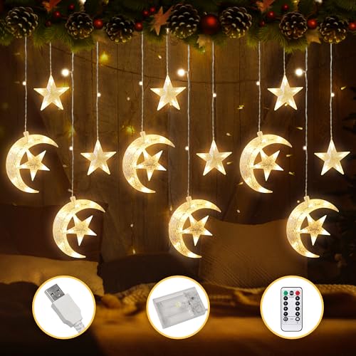 FemKey LED Lichterkette für Ramadan, 3.5M LED Lichterketten Lichtervorhang Sterne 8 Modi, Ramadan Deko Lichter Fensterbeleuchtung Batterie/USB IP44 mit Remote/Timer, Stern Mond Lichterkette Ramadan von FemKey