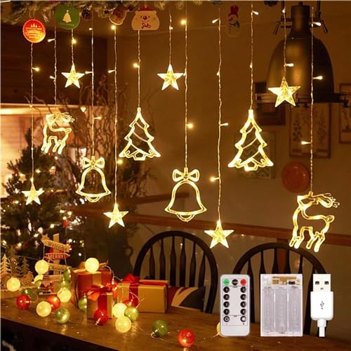 FemKey LED Lichtervorhang Sterne, 3.5m 8 Modi Weihnachtsbeleuchtung Innen Fenster Warmweiß, Weihnachtsdeko Innen Fensterbeleuchtung Batterie + USB IP44, Ideal für Fenstervorhang Weihnachten von FemKey