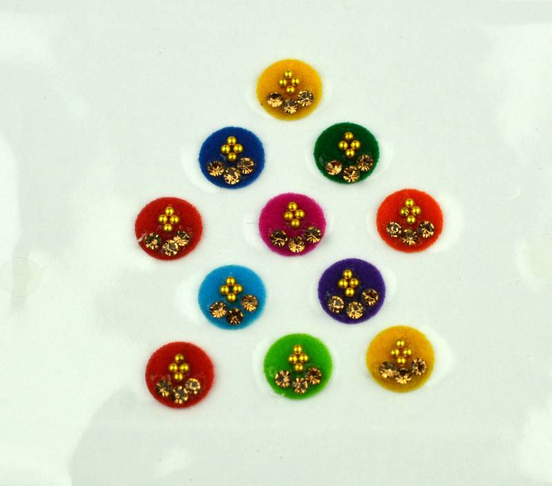 Mehrfarbige Runde Gold-Bindis, Hochzeits-Bindis, Designer-Regenbogen-Bindis, Gesichts-Bindis, Bollywood-Bindis, Selbstklebende Bindis von FeminaDeals