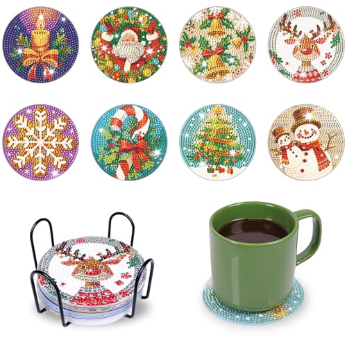 8 Stück Christmas Diamant Kunst Untersetzer Set mit Halter, Diamond Painting Serviertablett, 5D Untersetzer Diamond Painting für Tassen, Weingläser, Vasen und Heimküche, Getränke Untersetzer von Fengguock