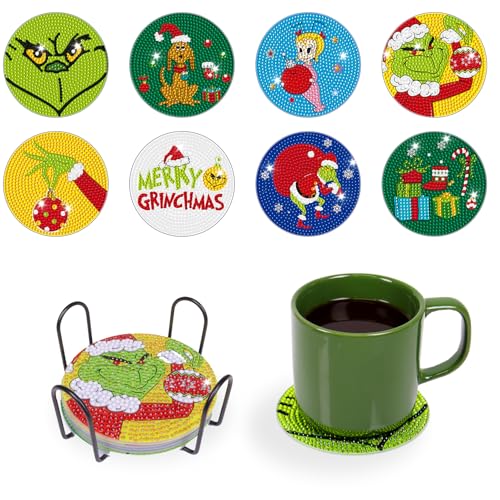 8 Stück Grinch Christmas Diamant Kunst Untersetzer Set mit Halter, Diamond Painting Serviertablett, 5D Untersetzer Diamond Painting für Tassen, Weingläser, Vasen und Heimküche, Getränke Untersetzer von Fengguock