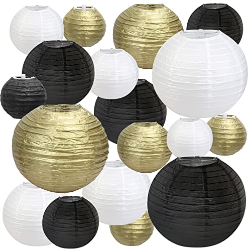 Fennoral 18 Stück Schwarze Goldene Weiße Papierlaterne Hängende Papier Lampions Partydekorationen Runder Papierlampion Dekoration für Geburtstag Abschlussfeier Ruhestandsfeier von Fennoral