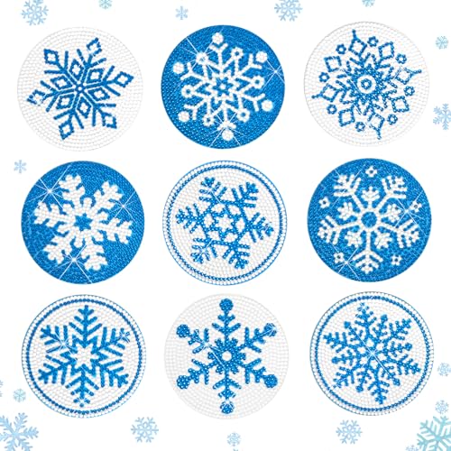 Fennoral 9pcs Weihnachten Diamond Painting Untersetzer Schneeflocken Diamant Malsets zum Basteln DIY Schneeflocke Diamant Glasuntersetzer Tassenuntersetzer Geschenk für Weihnachten Winter Neujahr von Fennoral