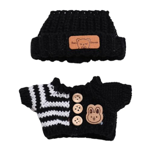 Fenteer 2 Stück Puppenpullover und Mütze, Puppenkleidung, niedliches Kostüm, handgefertigte Kleidung für 15–17 cm große Puppen, Kindergeschenke, Schwarzes Oberteil, Schwarzer Hut von Fenteer