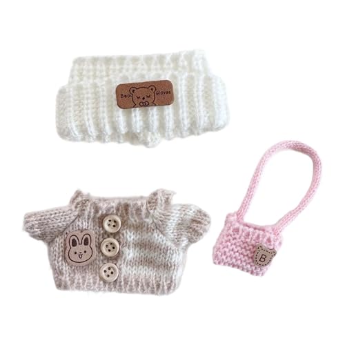 Fenteer 3X Miniatur Ankleide Hut Pullover Rucksack Set, Foto Requisiten DIY Puppen Kleidung Set Puppen Kleidung Set für 15cm 17cm Anhänger Puppe, Weiß Khaki Und Pink von Fenteer