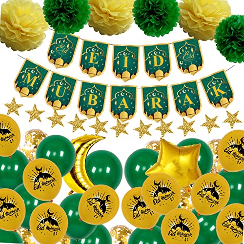 Fenteer Eid Mubarak Banner Luftballons Sterne Mond Folienballons Girlande, Konfetti Latex Ballon Set für Eid Mubarak Ramadan Party Dekorationen für, GRÜN von Fenteer