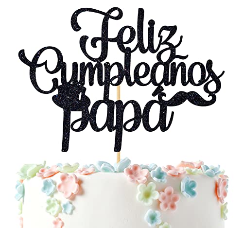 Feliz Cumpleaños Papa Cake Topper, Spanish Happy Father's Day, Best Dad Ever, Dad Birthday Party Dekorationen Supplies, Black Glitter von Ferburitar