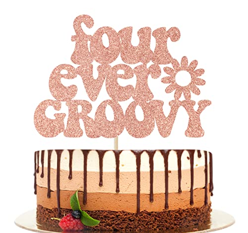 Four Ever Groovy Cake Topper Hippie Kuchen Dekorationen Boho 4. Geburtstag Kuchen Topper für Mädchen Jungen 60er 70er Jahre Groovy Happy Birthday Dekorationen Rose Gold Glitter von Ferburitar