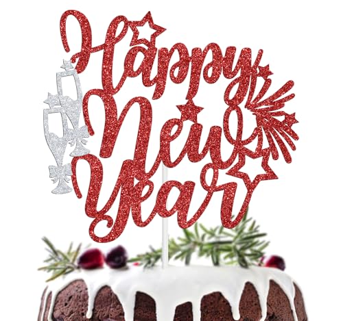 Happy New Year Cake Topper, Hello 2025, Silvester-Party-Dekorationen, Neujahrsparty-Dekoration, 2025 Neujahrskuchendekorationen, roter Glitzer von Ferburitar