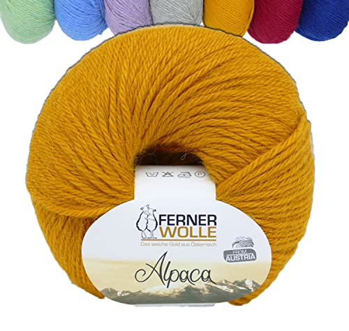 Ferner 100% Alpaka Wolle zum Stricken und Häkeln | Reine Alpakawolle curry senf Strickwolle Häkelwolle | 50g 100m alpaca wool (113 senf) von Ferner Wolle