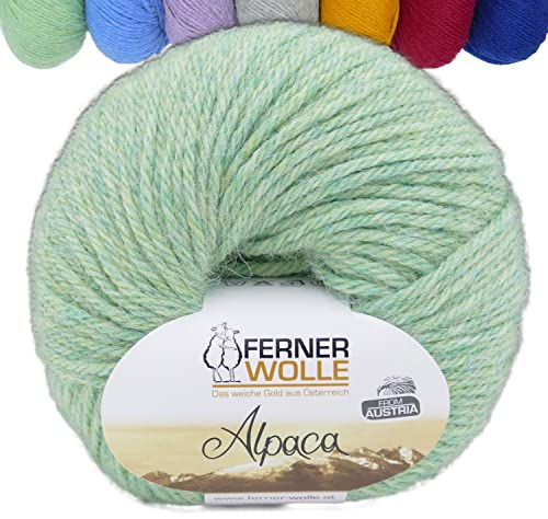 Ferner 100% Alpaka Wolle zum Stricken und Häkeln | Reine Alpakawolle grün Strickwolle Häkelwolle | 50g 100m alpaca wool (190 mint grün melange) von Ferner Wolle