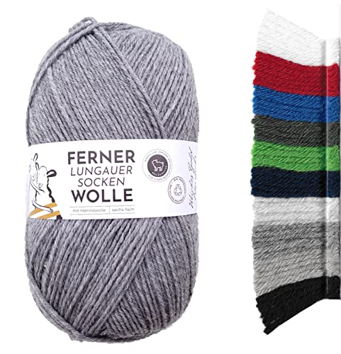 Ferner Wolle Lungauer Sockenwolle 6fach uni | mit Merinowolle mulesingfrei | Sockengarn 6-fädig einfarbig | dicke Strumpfwolle zum Stricken oder Häkeln | 150g 425m (LU6-20 grau meliert) von Ferner Wolle