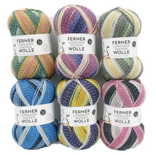 Ferner Wolle Lungauer Sockenwolle mit Baumwolle, Strumpfwolle Paket 4-fädig, 6x100g Sockengarn musterbildend zum Stricken oder Häkeln | 56% Wolle, 25% Baumwolle, 19% Polyamid von Ferner Wolle