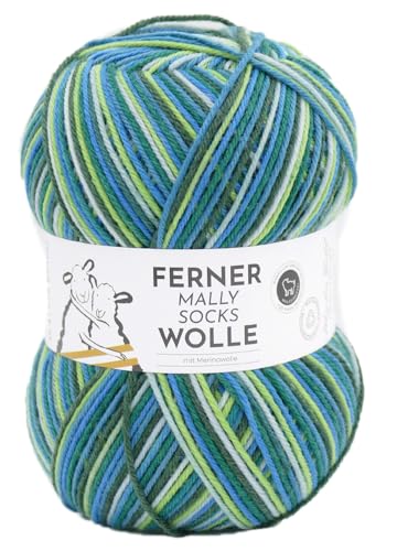 Ferner Wolle Mally Socks, Sockenwolle wie 6-fach (6-fädig), mulesingfrei, Sockengarn mit Merinowolle, Strumpfwolle mit Farbverlauf, 150g, 75% Wolle, 25% Polyamid (743/24) von Ferner Wolle