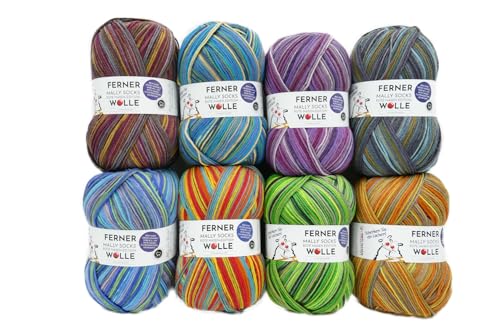 Ferner Wolle Mally Socks Rote Nasen Clowndoctors Edition II, weiche Sockenwolle mit Farbverlauf, Sockengarn Paket 8 x 150 Gramm, Strumpfwolle mulesingfrei für Nadelstärke 3,5-4 mm von Ferner Wolle