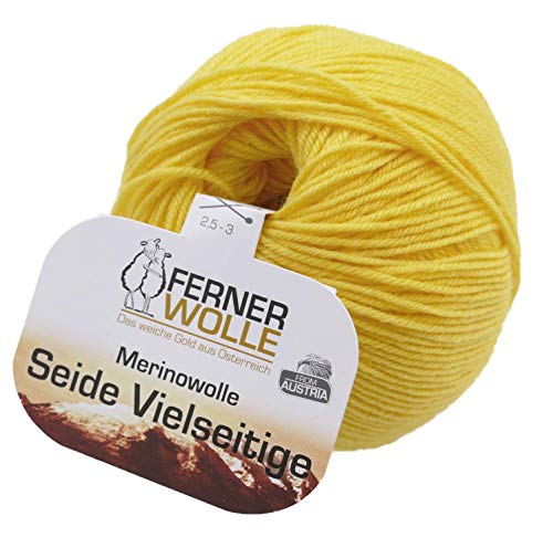 Ferner Wolle Merinowolle Seide Vielseitige gelb, Häkelwolle, Strickgarn, Wolle mit Seide, 50g 210m, Nadelstärke 2-3mm, 60% Wolle (Merino), 20% Seide, 20% Polyamid (V902) von Ferner Wolle