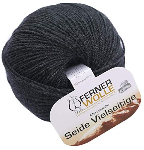 Ferner Wolle Merinowolle Seide Vielseitige schwarz, Häkelwolle, Strickgarn, Wolle mit Seide, 50g 210m, Nadelstärke 2-3mm, 60% Wolle (Merino), 20% Seide, 20% Polyamid (V917) von Ferner Wolle