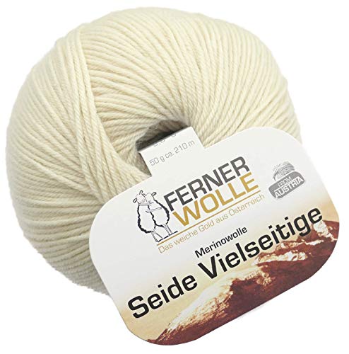 Ferner Wolle Merinowolle Seide Vielseitige wollweiß natur, Häkelwolle, Strickgarn, Wolle mit Seide, 50g 210m, Nadelstärke 2-3mm, 60% Wolle (Merino), 20% Seide, 20% Polyamid (V901) von Ferner Wolle