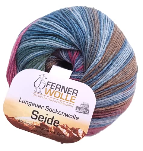 Ferner Wolle Sockenwolle 4-fädig mit Seide und Farbverlauf, Sockengarn, Strumpfwolle bunt, 100g (528) von Ferner Wolle