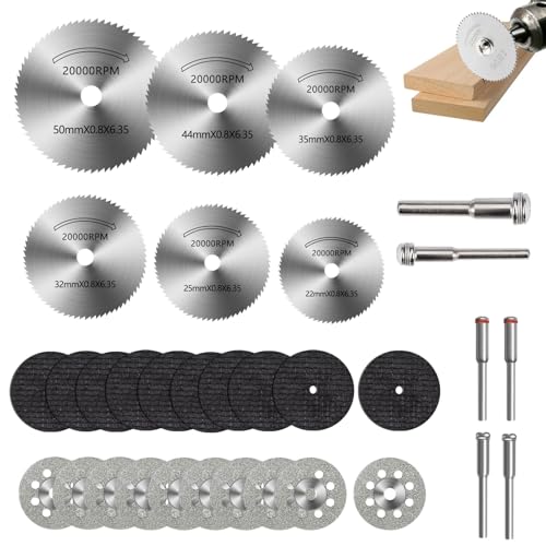 32 Stück Trennscheiben Set für Dremel Zubehoer, HSS-Kreissägeblätter 22/25/32/35/44/50 mm, Sägeblatt Kreissägeblatt Set, Diamant Trennscheiben, Mini Kreissägeblatt für Holz, Metall, Fiberglas, Stein von FerraDrend