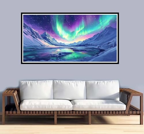 Malen Nach Zahlen Erwachsene Berg Malen Nach Zahlen Aurora Paint by Numbers Adult DIY Handgemalt Ölgemälde, Mit 3-Pinseln und Acrylfarbe Leinwand Kit, für Geschenke und Home Wand Dekor-50x100cm-y971 von Fesnfuae