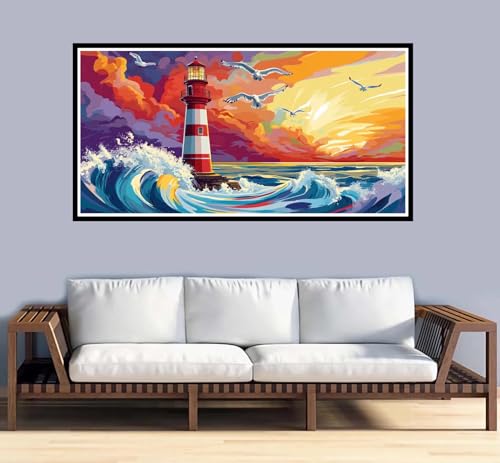 Malen Nach Zahlen Erwachsene Leuchtturm Malen Nach Zahlen Tier Paint by Numbers Adult DIY Handgemalt Ölgemälde, Mit 3-Pinseln und Acrylfarbe Leinwand Kit, Geschenke und Home Wand Dekor-90x180cm-y941 von Fesnfuae