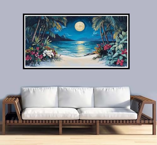 Malen Nach Zahlen Erwachsene Strand Malen Nach Zahlen Mond Paint by Numbers Adult DIY Handgemalt Ölgemälde, Mit 3-Pinseln und Acrylfarbe Leinwand Kit, für Geschenke und Home Wand Dekor-50x100cm-y928 von Fesnfuae