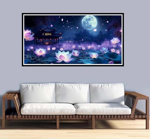 Malen Nach Zahlen Erwachsene groß 16x32 inch Malen Nach Zahlen Landschaft, DIY Malen Nach Zahlen Lotus mit 3-Pinseln und Acrylfarben Ölgemälde Leinwand Bastelset, für Home Decor Frauen Geschenk-y957 von Fesnfuae