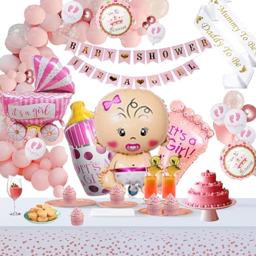 Baby Shower Dekorationen Mädchen mit Tischdecke, Babyparty Deko Mädchen Its a Girl Deko Banner, Rosa Baby Luftballons Mädchen, Baby Luftballons Baby Shower Deko Girl von FestiVibe