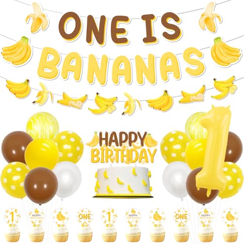 Bananen 1. Geburtstag Party Dekorationen, One Is Bananas Geburtstag Banner Girlande Bananen 1. Kuchen Topper Cupcake Toppers Folienballons Erster Geburtstag Dekoration für Kinder Jungen Mädchen von Festiblast