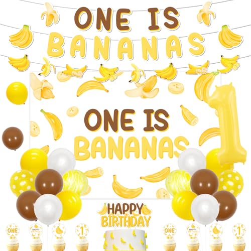 Bananen-Dekoration für 1. Party, Aufschrift "One Is Bananas", Doppeldruck, Obst-Bananen-Kuchenaufsätze, Zahl 1, Folienballons, Latex-Luftballons, Let's Go-Banananen, Dekoration für Kinder, 1. von Festiblast