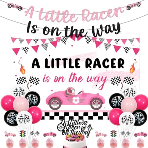 Dekoration für Babypartys, Motiv: "A Little Racer Is on the Way", Banner und Tortenaufsatz, Rennauto, Ampelflagge, Cupcake-Topper mit Latex-Luftballons, für Let's Go Racing Partyzubehör von Festiblast