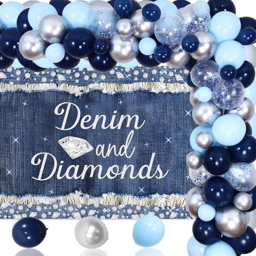 Denim und Diamant Party Dekorationen Denim Diamant Hintergrund für Junggesellenabschied Marineblau und Silber Ballonbogen Kit Denim Party Dekorationen für Braut Geburtstag Hochzeit Verlobung von Festiblast