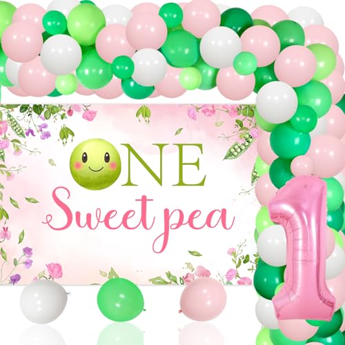 Eine süße Erbsengeburtstagsparty-Dekoration für Mädchen, Sweet Pea Themed 1. Geburtstag Party DIY Girlande Luftballons Hintergrund Kits mit 1 Nummer 1 Folienballon und 73 Stück Latexballon Erbse First von Festiblast