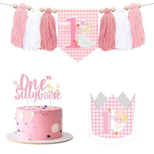 Goose 1st Birthday Decorations, One Silly Goose High Chair Banner Geese Theme Crown Cake Topper Set Pink Gingham Style 1st Birthday Decoration for Girls First Bday Supplies Photo Props Cake Smash Goose 1st Birthday Decorations, One Silly Goose High Chair Banner Geese Theme Crown Cake Topper Set Pink Gingham Style 1st Birthday Decoration for Girls First Bday Supplies Photo Props Cake Smash von Festiblast