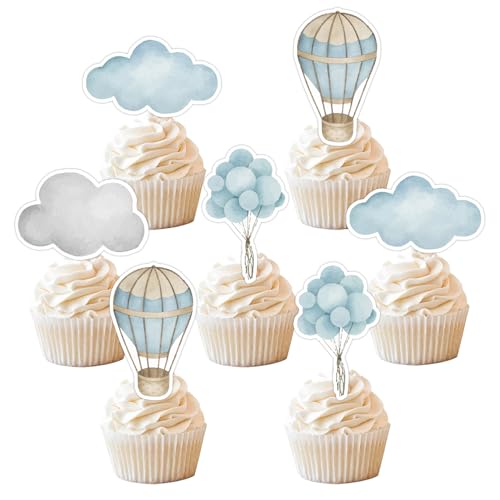 Heißluftballon-Cupcake-Topper, blaue Wolke Heißluftballon-Cupcake-Topper, Babyparty, Kuchenpicks, Abenteuer, Babyparty, Party-Dekoration für Jungen und Mädchen von Festiblast