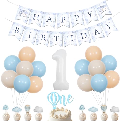 Heißluftballons 1. Geburtstag Dekorationen für Jungen Heißluft Mr. Onederful Birthday Banner Heißluftballon und Wolken Cupcake Topper für Isn't He Onederful Birthday Party Supplies von Festiblast