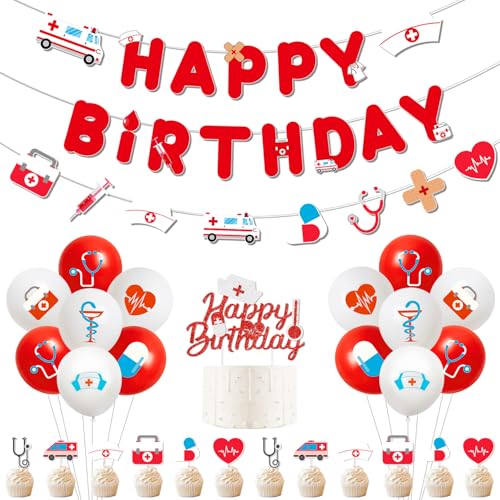 Krankenschwestern Thema Geburtstag Party Dekorationen Happy Birthday Banner Rot Glitzer Kuchen Cupcake Topper Stillhut Gedruckt Latex Ballons Set für Krankenschwester Woche Krankenschwester Tag von Festiblast