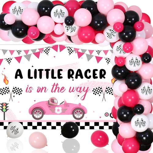 Rennauto Babyparty-Dekorationen A Little Racer is On The Way Hintergrund Rosa Schwarz Ballon Girlande Bogen Kit Vintage Rennwagen Hintergrund Karierte Flagge Ballons für Mädchen Babyparty Geburtstag von Festiblast