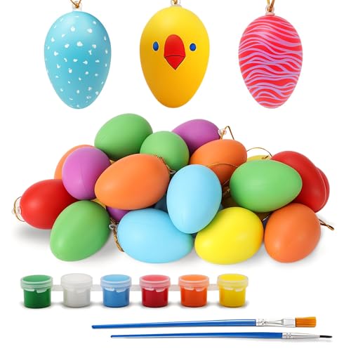 Festicy 24 Ostereier zum Bemalen I Ostereier Färben für Ostern Deko I inkl. 6 Acrylfarben und 2 Pinseln I für Ostern Basteln BZW. Ostern Geschenke Kinder I Ostereier zum Aufhängen draußen von Festicy