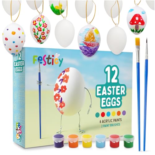 Festicy Ostereier Plastik zum Bemalen, 12 weiße Plastik Ostereier zum Aufhängen mit goldenem Band, inkl. 6 Acrylfarben & 2 Pinseln für Ostern Geschenke Kinder, Oster Basteln, Ostereier Deko von Festicy