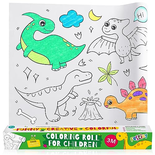 Festicy selbstklebendes Malpapier 3 m I Ausmaltischdecke Kinder Malrolle, 3 Meter zum Ausrollen, Ausmalen und Aufkleben I Malrolle für Kinder I DIY Malposter, schneidbare Zeichenrolle DINO Edition von Festicy