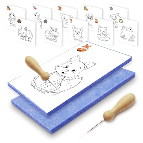 Fettwal Prickelnadel Set Kinder, Prickelset Kinder ab 3, Stickbilder für Kinder, Sticken Kinder Set mit 2 Prickelnadel 2 Prickelfilz 10 Stickbilder, Verwendung unter Aufsicht der Eltern von Fettwal