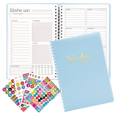 Fettwal Undatierter Wochenplaner, Terminplaner A5, Wöchentlicher Terminkalender mit To-Do-Liste, Notizfeld, 4 Aufkleber, 52 Blatt Terminplaner auf Deutsch Ringbuch mit Hardcover (Blau) von Fettwal