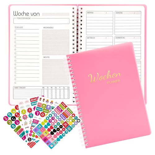 Fettwal Undatierter Wochenplaner, Terminplaner A5, Wöchentlicher Terminkalender mit To-Do-Liste, Notizfeld, 4 Aufkleber, 52 Blatt Terminplaner auf Deutsch Ringbuch mit Hardcover (Rosa) von Fettwal